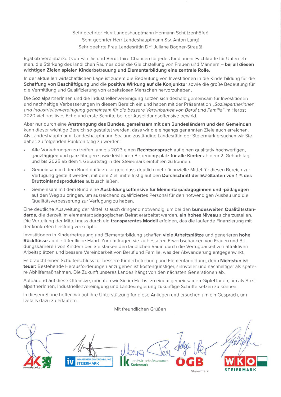 Offener Brief mit Forderungen der steirischen Sozialpartner und IV zur besseren Vereinbarkeit von Beruf und Familie